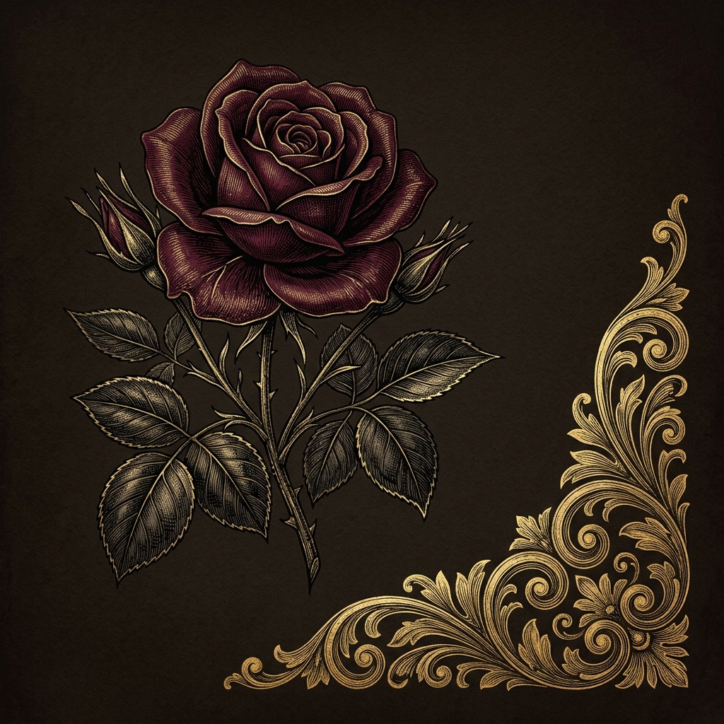 A burgundy rose engraved with antique gold ornament